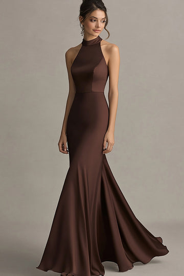Simple Coffee Satin Mermaid Halter Long Formal Dress